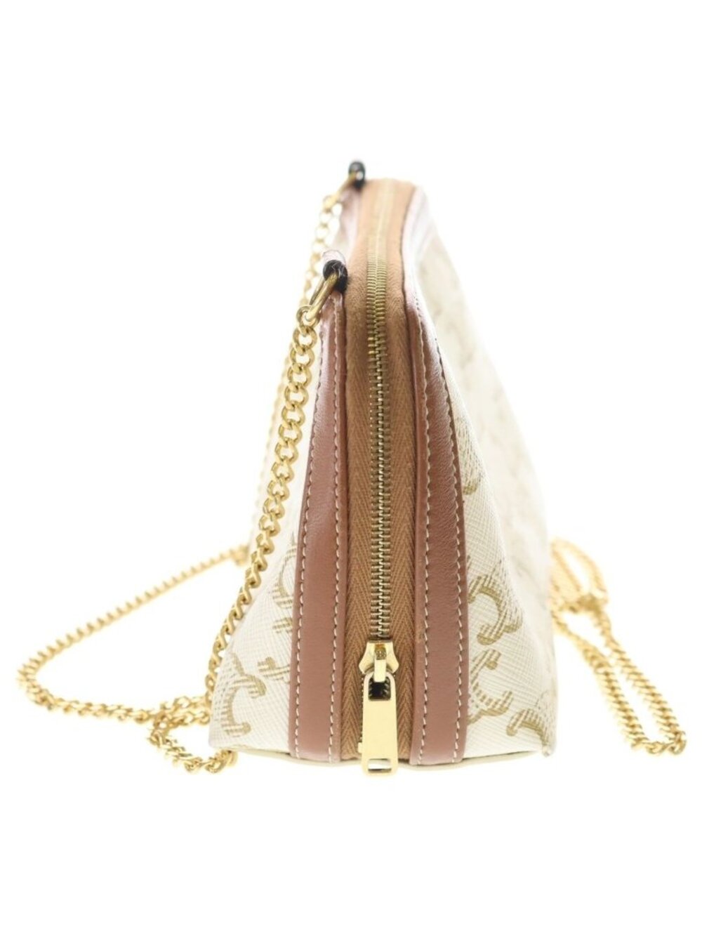 Celine Trio Canvas Chain Clutch Mini Shoulder Bag Ivory Brown Leather Gold - Picture 3 of 6